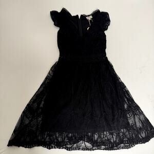 Southern Fried Chics Black Lace Dress XS Fit & Flare Sheer Overlay Crochet Mini